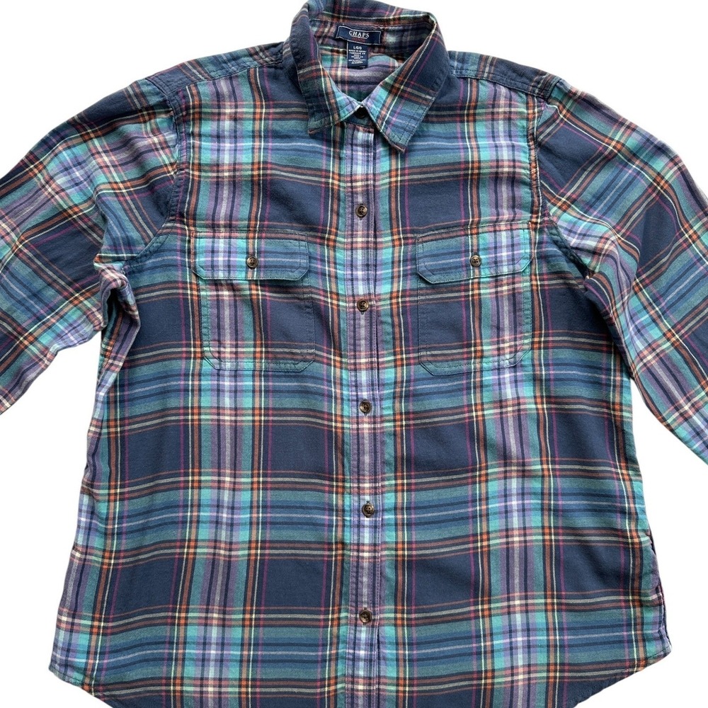 Chaps Denim Plaid Button Down Shirt Women Large Blue Purple Excellent Flannel